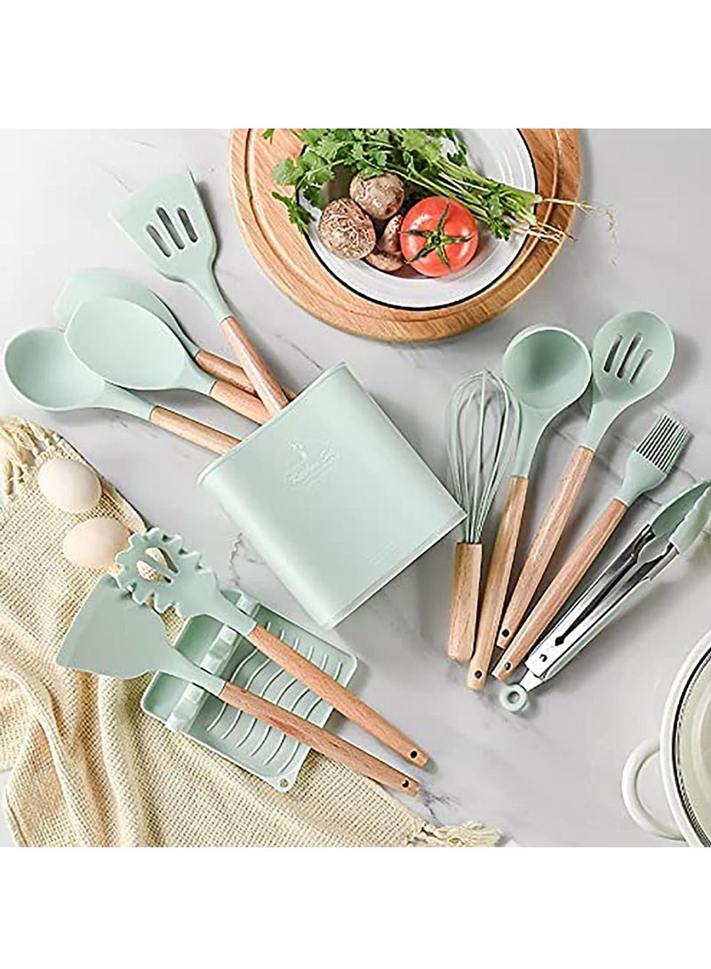 Silicone Cookware Set, Silicone Kitchen Utensil Set 13 Pieces, Wooden Handle Nonstick Cookware Utensil Tool, Non-Toxic Heat Resistant Kitchen Tool Set with Storage Bucket and Lid Holder(Green)