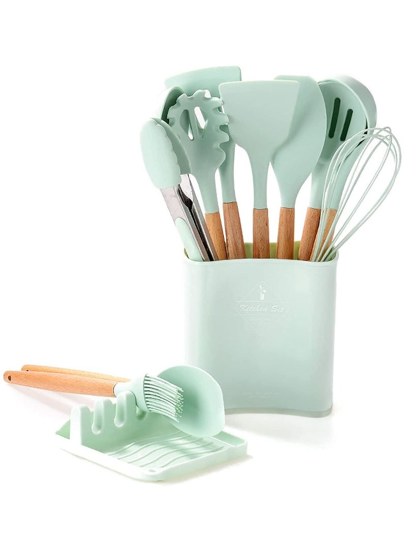 Silicone Cookware Set, Silicone Kitchen Utensil Set 13 Pieces, Wooden Handle Nonstick Cookware Utensil Tool, Non-Toxic Heat Resistant Kitchen Tool Set with Storage Bucket and Lid Holder(Green)