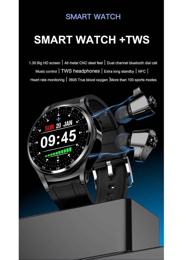 GT66 Smart Watch with TWS Earphones NFC Music Control 1.39 HD Screen Bluetooth Call Healthy Monitoring 100+ Sports Modes