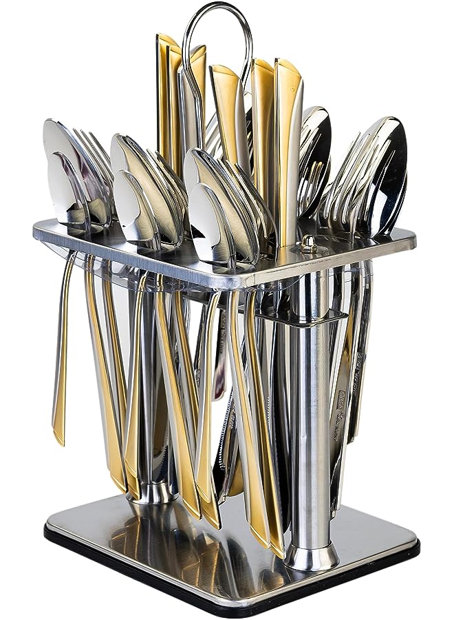 24 Piece Silverware Flatware Cutlery Set with Square Stand, Stainless Steel Includes 6 Knife, Fork, Tea Spoon, Dinner Mirror Polished, Dishwasher Safe