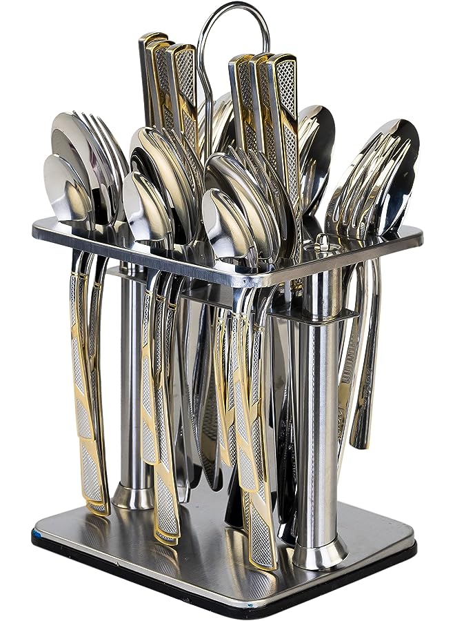 24 Piece Silverware Flatware Cutlery Set with Square Stand, Stainless Steel Includes 6 Knife, Fork, Tea Spoon, Dinner Mirror Polished, Dishwasher Safe