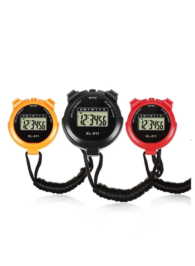 Sports Stopwatch Timer 3 Pieces Multi Function Sport Digital Stopwatch Large Display with Date Time and Alarm Function Shockproof Waterproof Sport Stopwatch for Swimming Running Sports Training