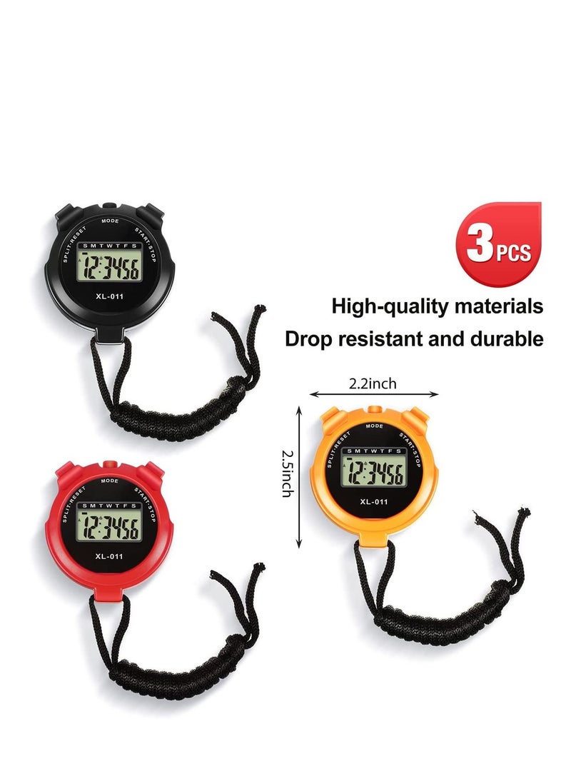 Sports Stopwatch Timer 3 Pieces Multi Function Sport Digital Stopwatch Large Display with Date Time and Alarm Function Shockproof Waterproof Sport Stopwatch for Swimming Running Sports Training