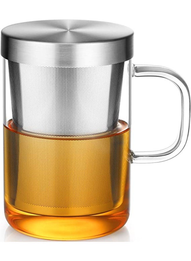 Borosilicate Glass Tea Cup Tea Glasses with Stainless Steel Infuser Lid 500mL 16.9Oz Full Capacity Loose Leaf Glass Tea Cup Teacup