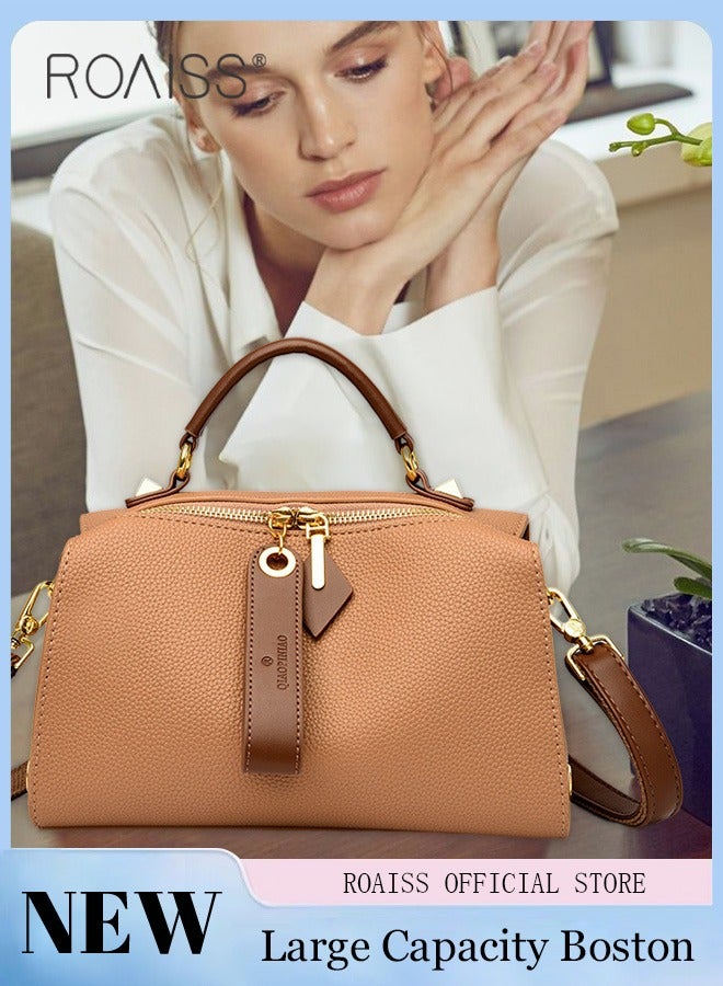 Women's New Fashion Bags Soft Leather Simple Classic Crossbody Bag Double Layer Compartment Zippers Closure Handbag Boston Bag