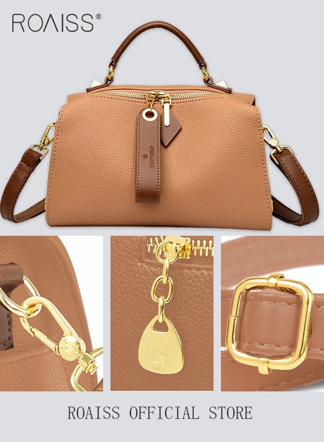 Women's New Fashion Bags Soft Leather Simple Classic Crossbody Bag Double Layer Compartment Zippers Closure Handbag Boston Bag