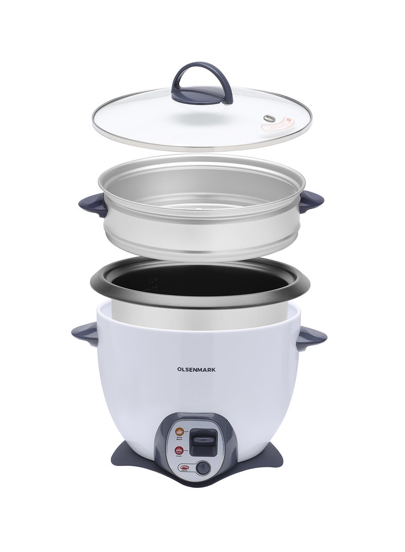 4-In-1 Automatic Rice And Curry Cooker, Keep Warm and Steam, Tempered Lid, Non Stick Inner Pot 1.8 L 650 W OMRC2117N White/grey