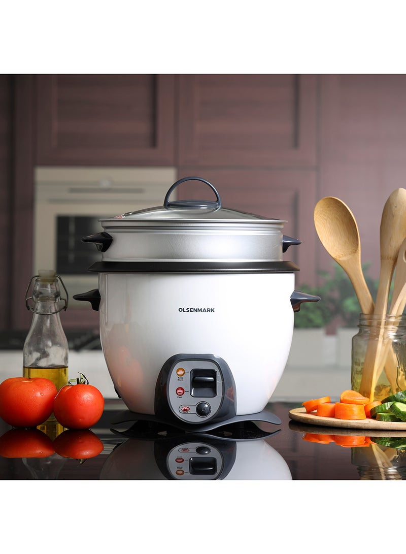 4-In-1 Automatic Rice And Curry Cooker, Keep Warm and Steam, Tempered Lid, Non Stick Inner Pot 1.8 L 650 W OMRC2117N White/grey