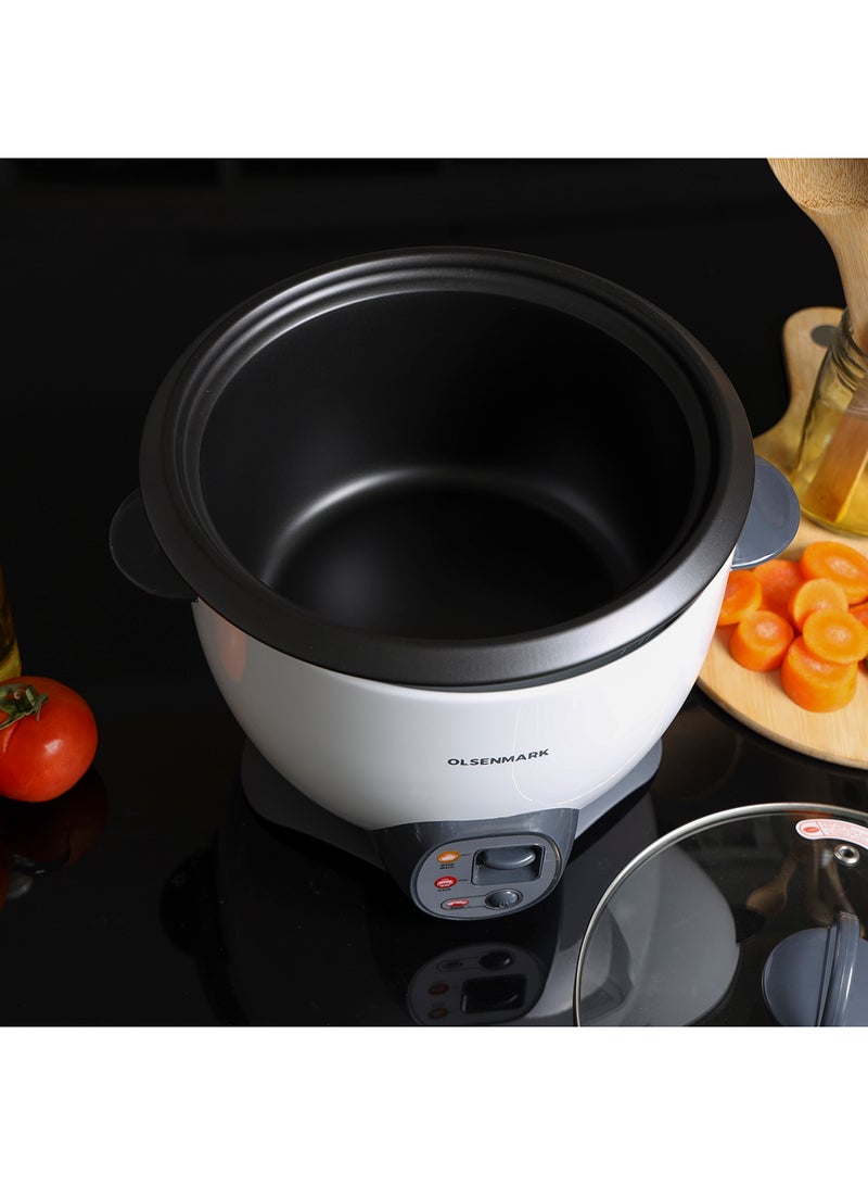 4-In-1 Automatic Rice And Curry Cooker, Keep Warm and Steam, Tempered Lid, Non Stick Inner Pot 1.8 L 650 W OMRC2117N White/grey