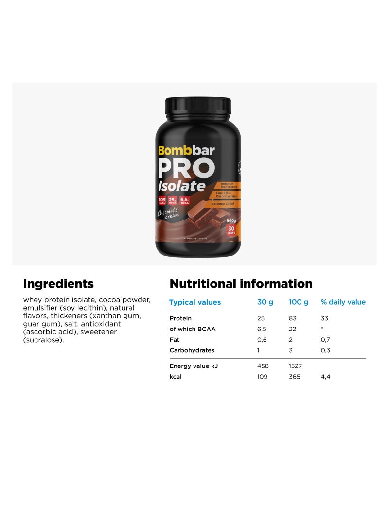 Pro Whey Protein Isolate Powder Chocolate Cream Flavor 900g
