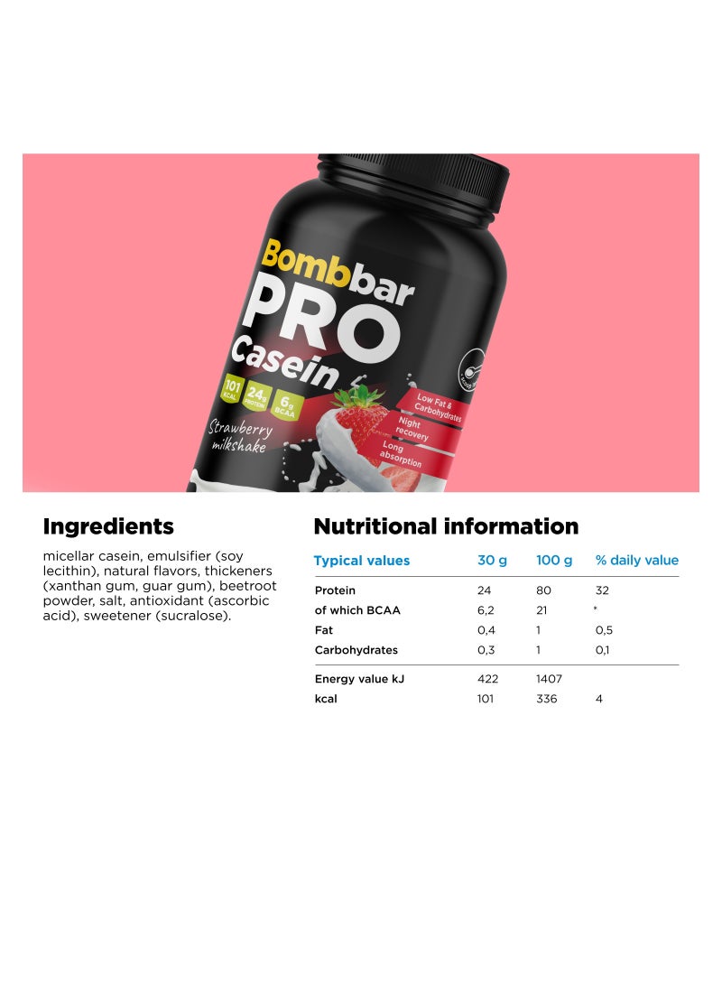 Pro Casein Protein Powder with Strawberry Milkshake Flavor 900g