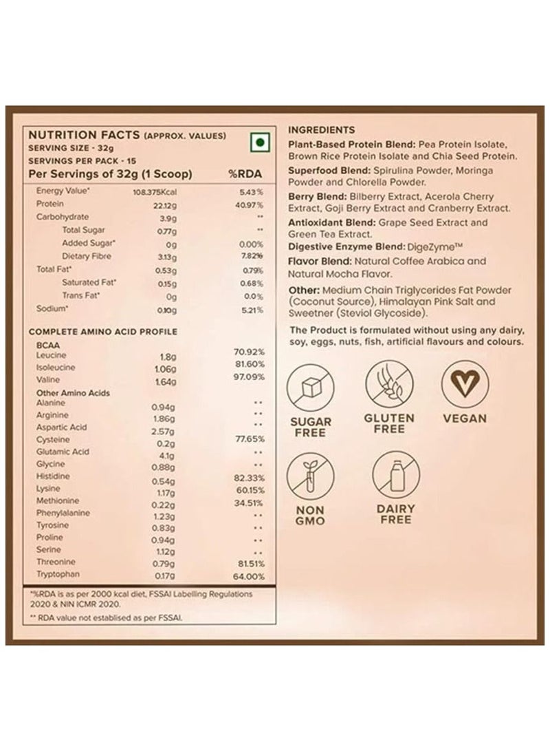 Organic Vegan Plant Protein Powder 22G European Pea Protein Isolate 5G Bcaa, Superfoods, Fiber For Muscle Growth, Italian Cafe Mocha 500Gm