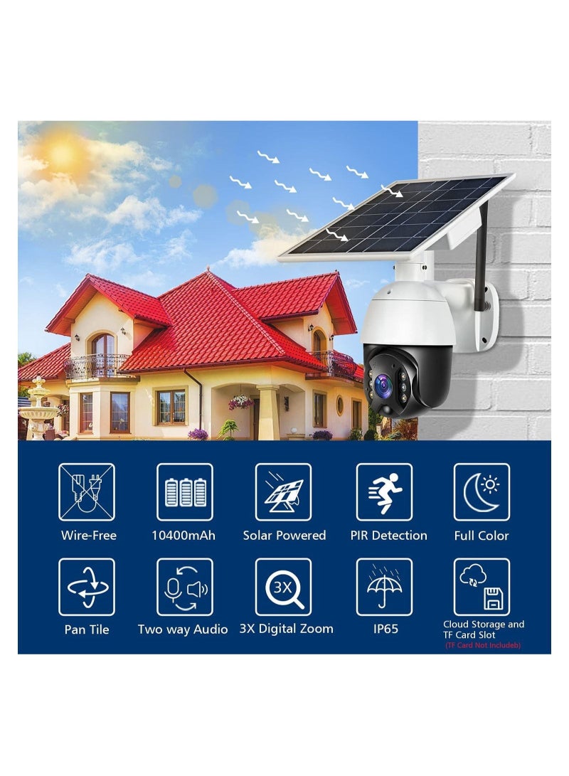 Outdoor Security Camera, Solar Powered Battery WiFi Camera Wire Free Outdoor 1080P Pan Tilt Wireless Camera PIR Motion 2 Way Audio Night Vision Cloud Storage