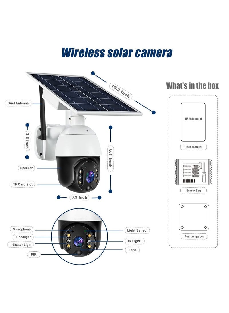 Outdoor Security Camera, Solar Powered Battery WiFi Camera Wire Free Outdoor 1080P Pan Tilt Wireless Camera PIR Motion 2 Way Audio Night Vision Cloud Storage