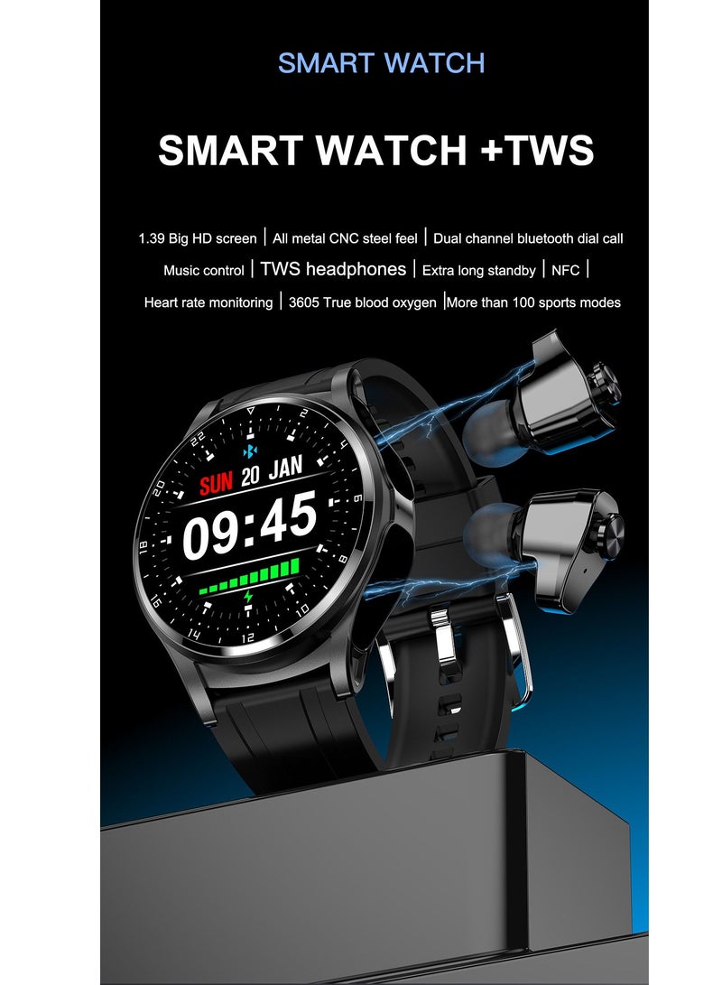 GT66 Smart Watch with TWS Earphones NFC Music Control 1.39 HD Screen Bluetooth Call Healthy Monitoring 100+ Sports Modes