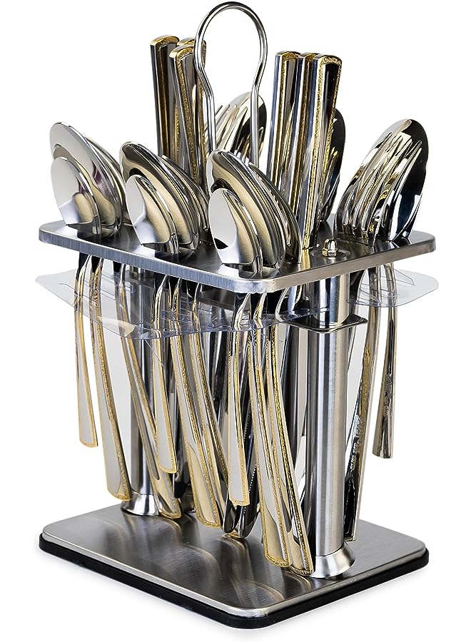 24 Piece Silverware Flatware Cutlery Set with Square Stand, Stainless Steel Includes 6 Knife, Fork, Tea Spoon, Dinner Mirror Polished, Dishwasher Safe