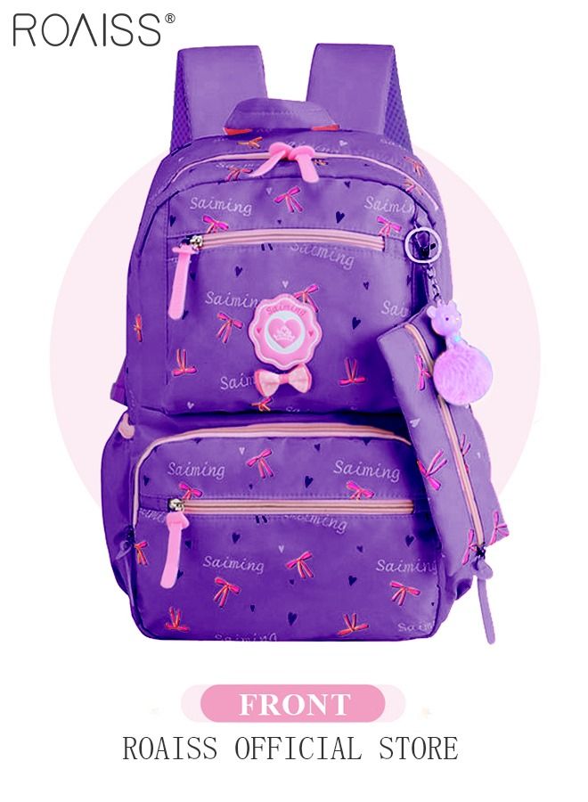 3pcs Heart and Bowknot Printed Graphic Cute Functional Backpack Set Schoolbag and Shoulder Bag and Pencil Case with Doll Pendant for Kids/Girls