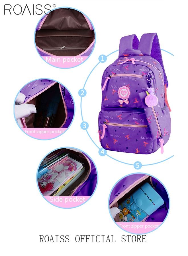 3pcs Heart and Bowknot Printed Graphic Cute Functional Backpack Set Schoolbag and Shoulder Bag and Pencil Case with Doll Pendant for Kids/Girls