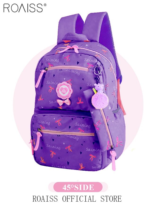 3pcs Heart and Bowknot Printed Graphic Cute Functional Backpack Set Schoolbag and Shoulder Bag and Pencil Case with Doll Pendant for Kids/Girls