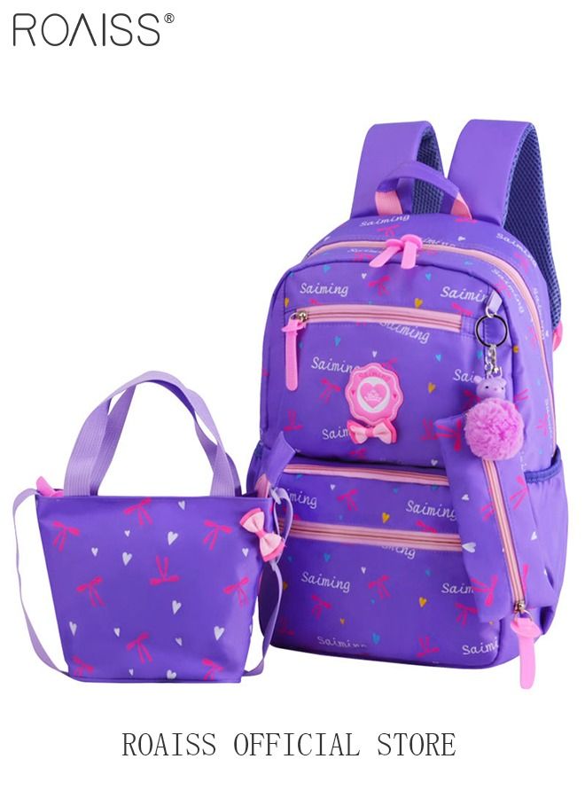 3pcs Heart and Bowknot Printed Graphic Cute Functional Backpack Set Schoolbag and Shoulder Bag and Pencil Case with Doll Pendant for Kids/Girls