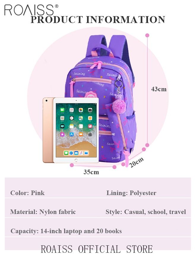 3pcs Heart and Bowknot Printed Graphic Cute Functional Backpack Set Schoolbag and Shoulder Bag and Pencil Case with Doll Pendant for Kids/Girls