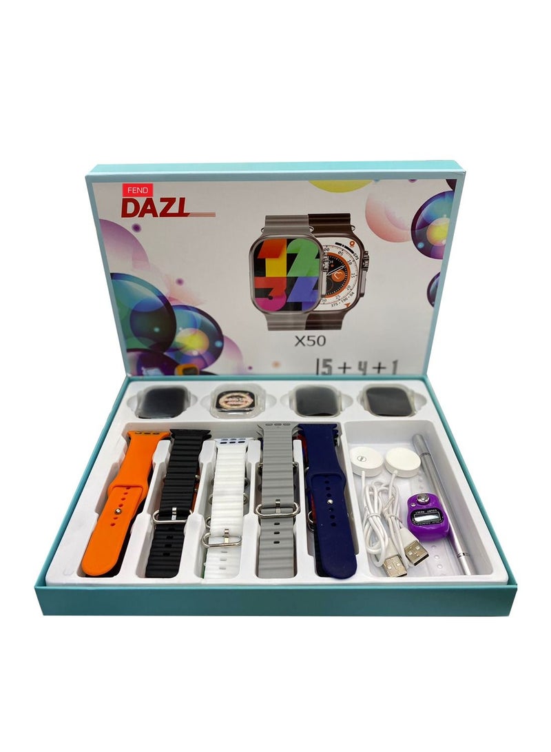 DAZL X50 Three Smart Watch with 13 Set Strap and Watch Protection Cover and Wireless Charger Family Pack Combo