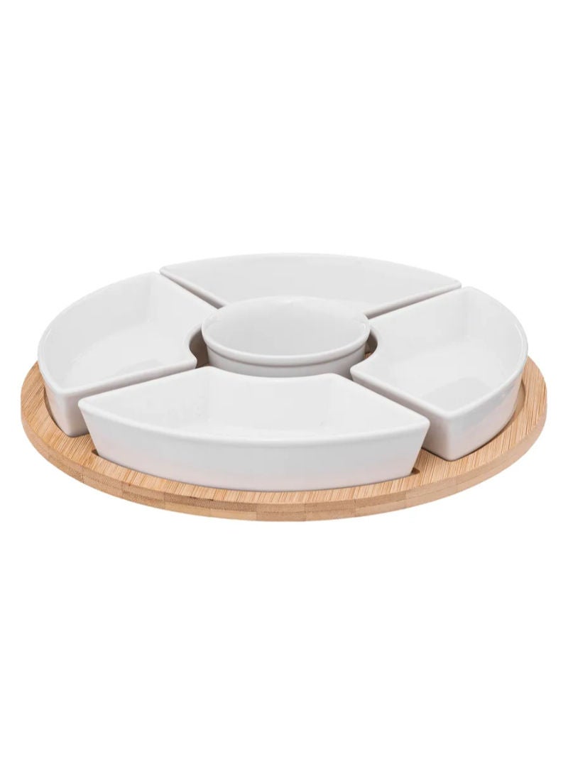 Sg Round Bamboo And Porcelain Appetizer Serving Set 6Pcs