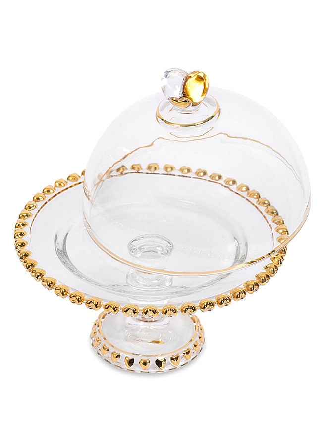 Footed Serving Platter With Dome Cover Clear/Gold 23x19.5 cm