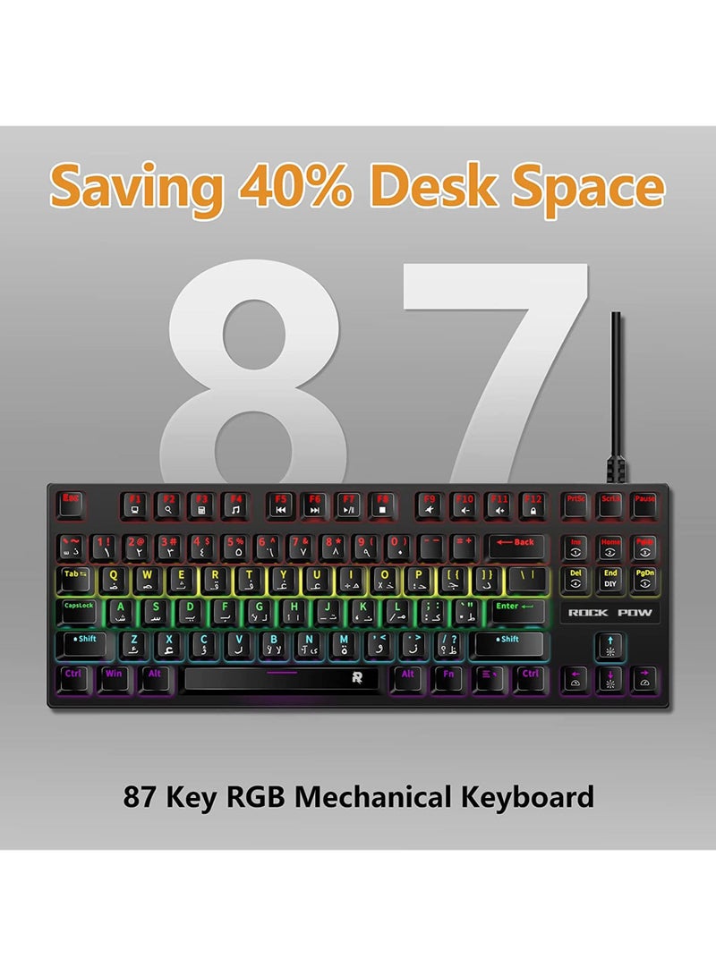 English Arabic Mechanical Gaming Keyboard With RGB LED Rainbow Backlit Quick Response USB Wired E-sport Waterproof 87 Keys Keyboard For Windows/MacOS/Android And PC Gamers
