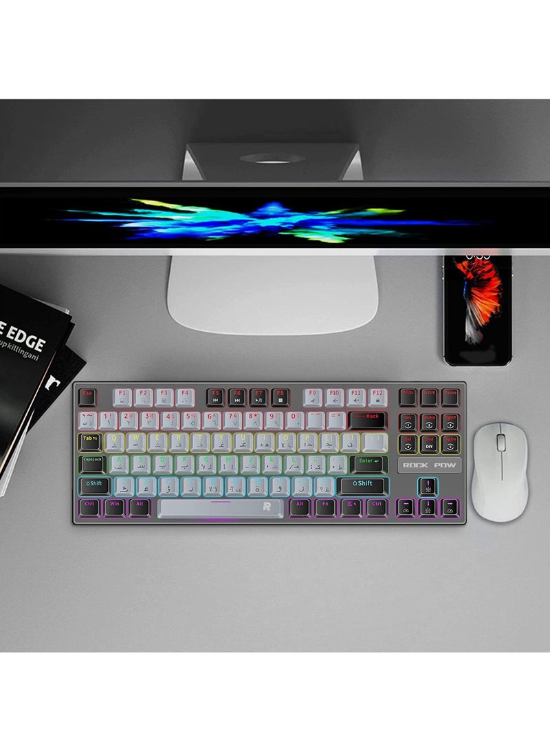 English Arabic Mechanical Gaming Keyboard with RGB LED Rainbow Backlit Quick Response USB Wired E-sport Waterproof 87 Keys Keyboard for Windows/MacOS/Android PC Gamers