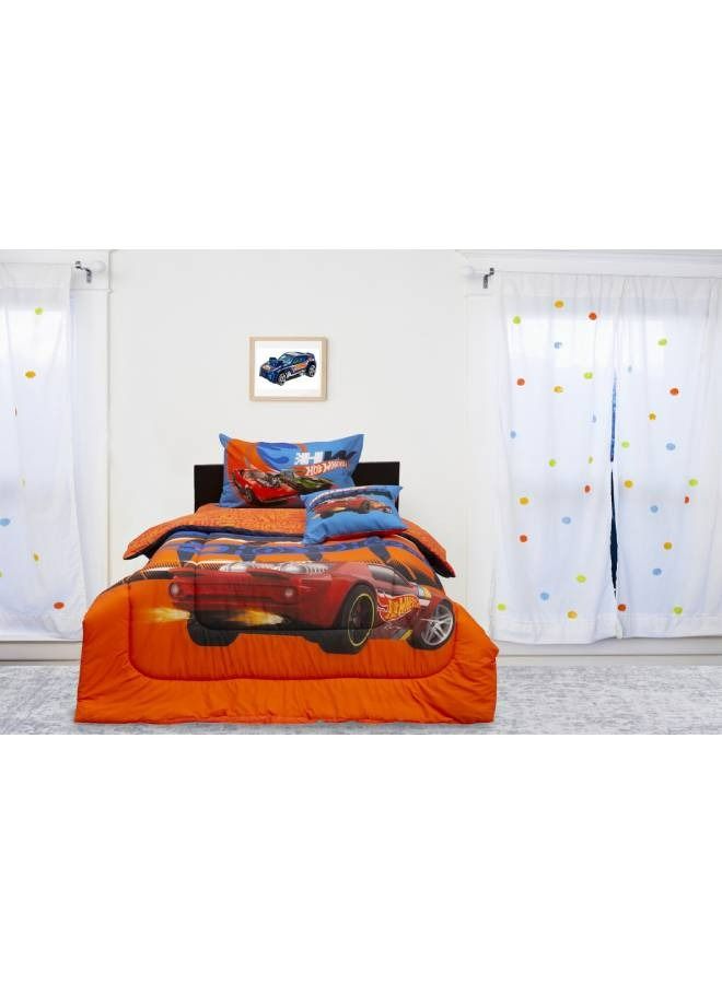 Kidz Klub Hot Wheel Comforter Single 3 pcs set- Fabric: Front 160TC 100% Cotton - Reversible 144TC PC- Comforter 160x230cm + 1pc Pillowcase 50x75cm + 1pc Cushion Cover 40x40cm , Red