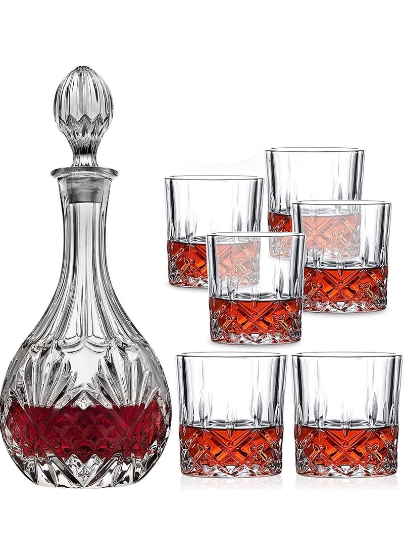 Whiskey Decanter Set with ，Classical Italian Crafted Crystal Whiskey Carafe，Non-Lead Whiskey Dispenser，for Scotch,Bourbon, Cognac (1 Decanter & 6 Glasses Set)