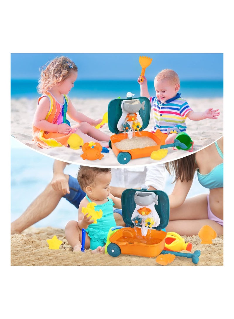 Kids Beach Sand Toys, Beach Sandbox Toy Set with Water Wheel , Sand Bucket, Watering Can, Shovel Tool Kits in Waterproof Bag for Kids Toddlers Girls Boys(Orange）