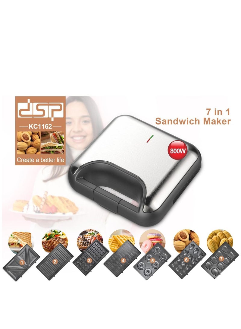 DSP Sandwich Maker 7 in 1, Sandwich, Grill And Waffle Maker with Removable Plates 800W KC1162  Black