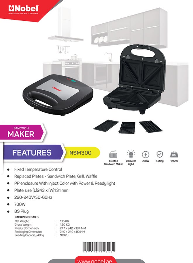 Sandwich Maker Grill+Waffle Plate NSM30G 700.0 W NSM30G Black/Silver