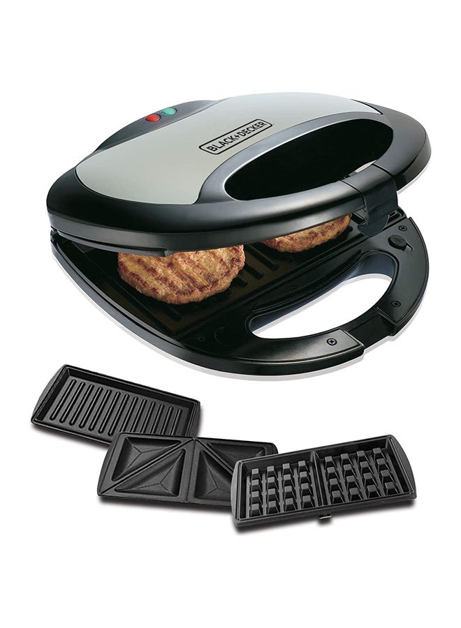 Sandwich Maker, 2-Slot Non-Stick, 3in1 Versatile Interchangeable Grill and Waffle Plates, Indicator Lights, Quick and Easy Meals, Compact Design, 750 W TS2090-B5 Black