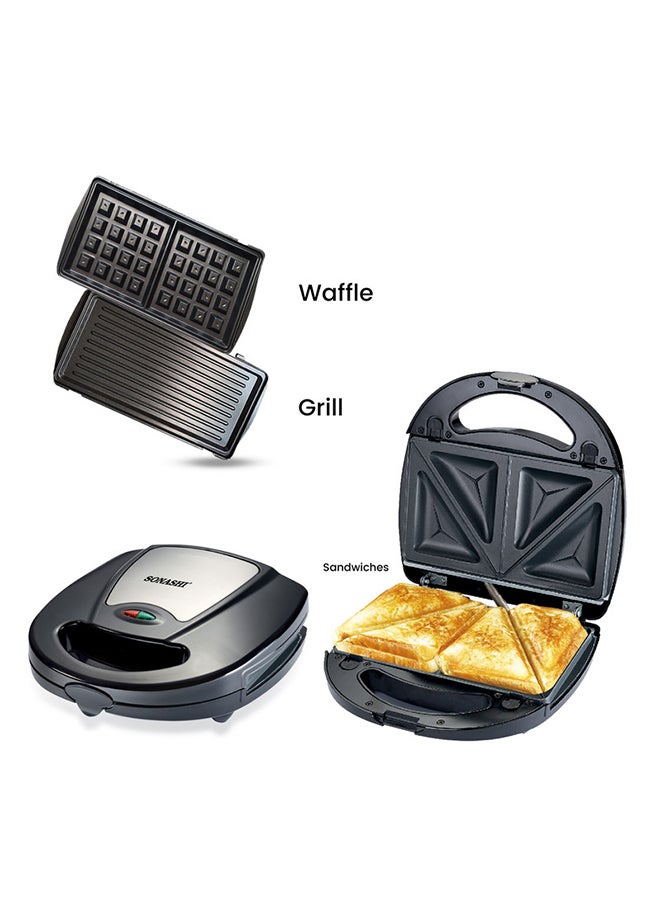 Multi-Snack Maker 3-in-1 - Non-Stick Detachable Cooking Plate | Cooks Delicious Crispy Sandwiches/Waffles/Grills | Cool Touch Handle | Automatic Temperature Control 760 W SSM-861 Black/Silver