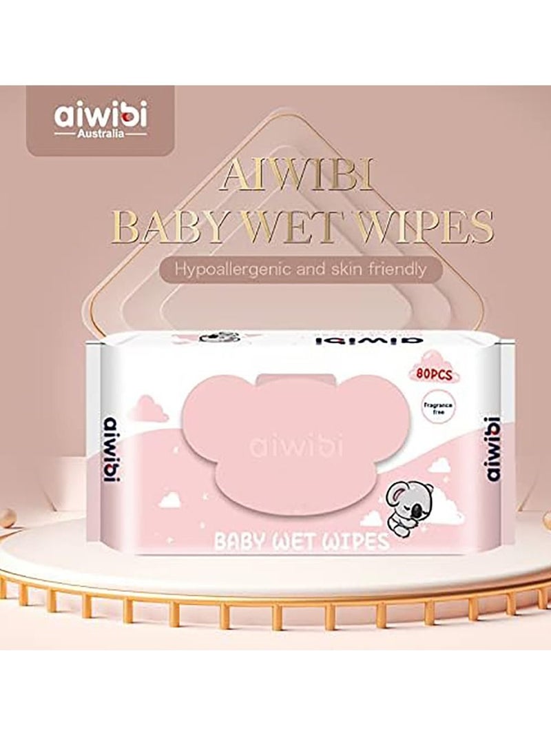 Aiwibi Strawberry Baby Wet Wipes 80Pcs/Pack 100% Skin-friendly Unscented Moisturization and Soft Touch 12Pack/Carton-960 Count