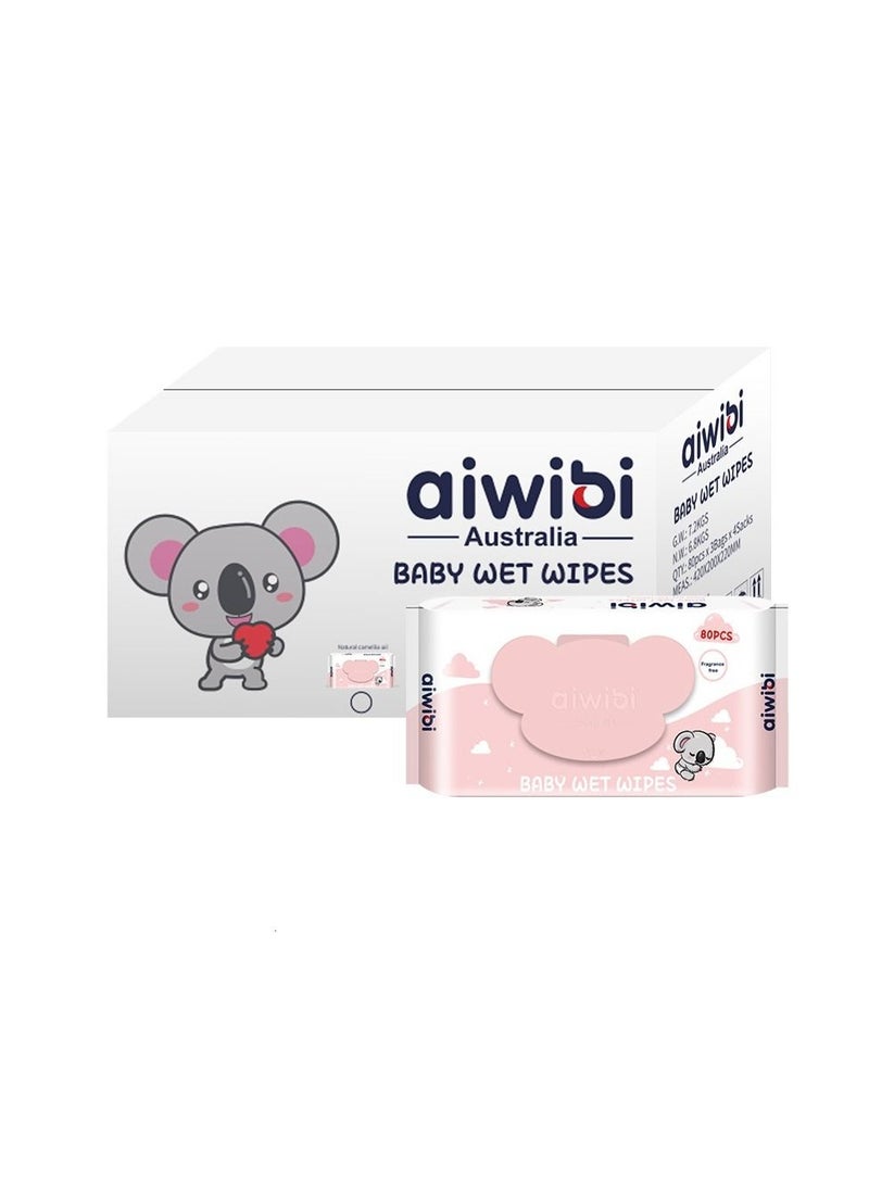 Aiwibi Strawberry Baby Wet Wipes 80Pcs/Pack 100% Skin-friendly Unscented Moisturization and Soft Touch 12Pack/Carton-960 Count