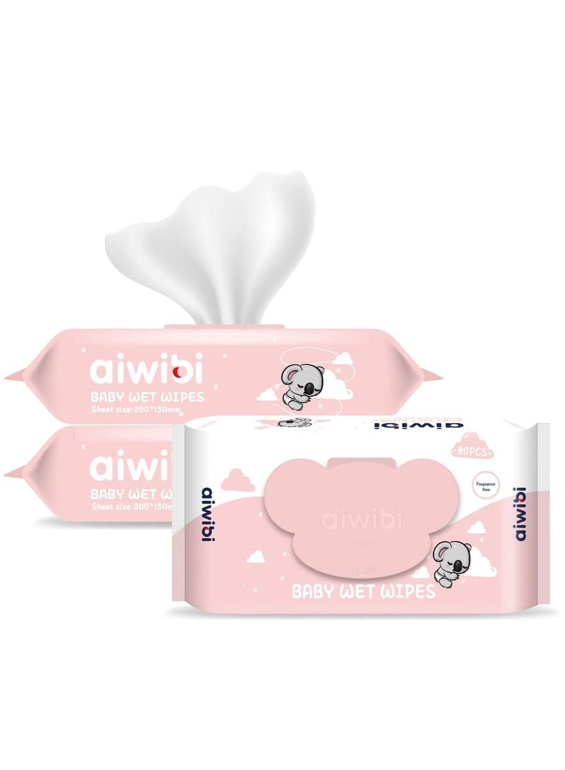 Aiwibi Strawberry Baby Wet Wipes 80Pcs/Pack 100% Skin-friendly Unscented Moisturization and Soft Touch 12Pack/Carton-960 Count