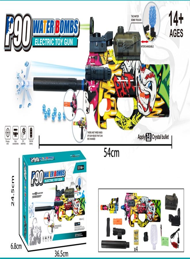 P90 Shape Graffiti Edition Assault Rifle Electric Automatic Toy Gun Hydrogel Balls Blaster Water Pallet Toy Gun Gel Balls Toy Gun Scope and Silencer for Outdoor Activity Birthday Gift for Children