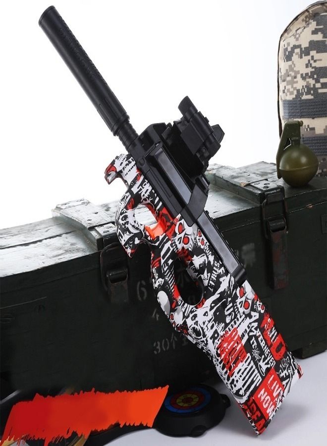 P90 Shape Graffiti Edition Assault Rifle Electric Automatic Hydrogel Balls Blaster Water Pallet Gun Gel Balls Gun Scope and Silencer for Outdoor Activity