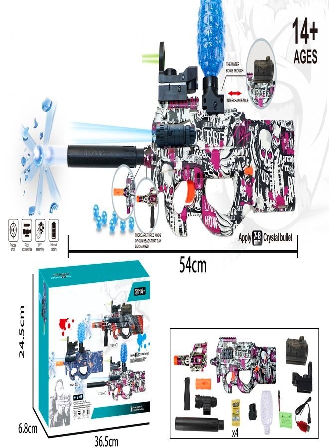 P90 Shape Graffiti Edition Assault Rifle Electric Automatic Hydrogel Balls Blaster Water Pallet Gun Gel Balls Gun Scope and Silencer for Outdoor Activity