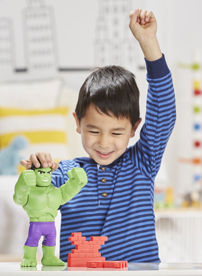 Marvel Spidey And His Amazing Friends Power Smash Hulk Preschool Toy Face-Changing 10-Inch Hulk Figure With Brick Wall Accessory Ages 3+