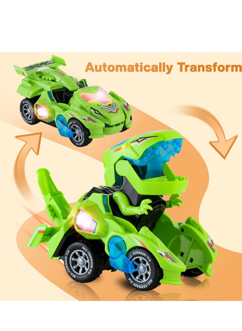 Dinosaur Car Toys, with LED Lights and Music,Automatic Transforming 2-in-1 Dinosaur Transformer Toy for Kids (Green)