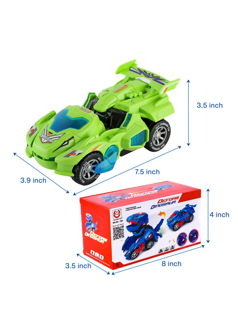 Dinosaur Car Toys, with LED Lights and Music,Automatic Transforming 2-in-1 Dinosaur Transformer Toy for Kids (Green)