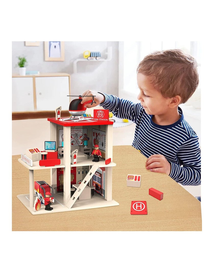 Wooden Pretend Play Wooden Fire Station for Kids