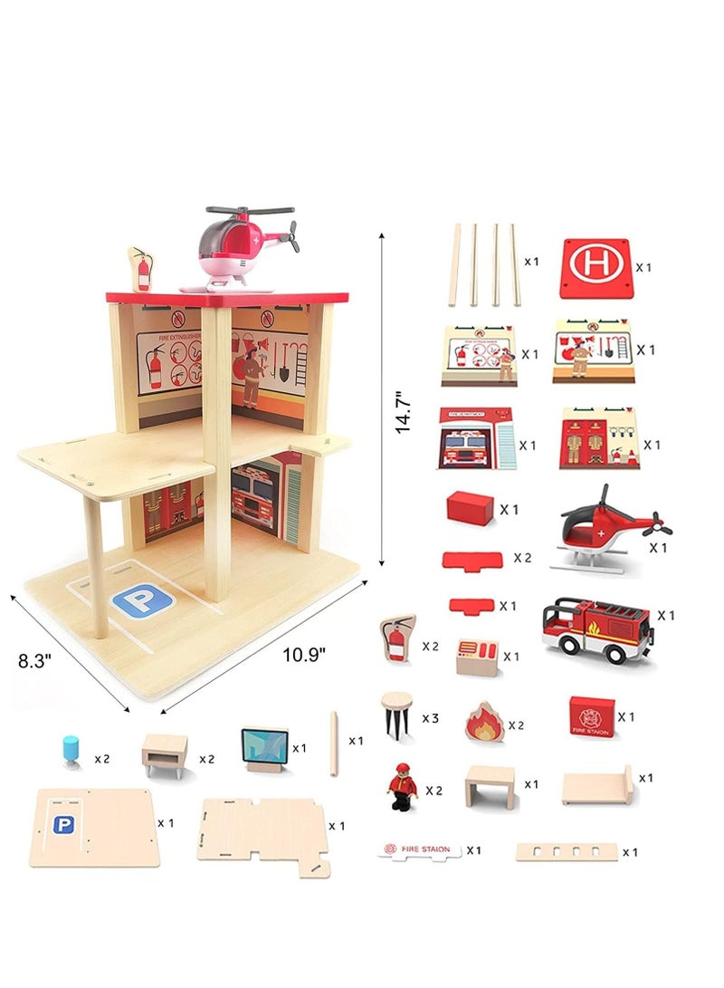 Wooden Pretend Play Wooden Fire Station for Kids