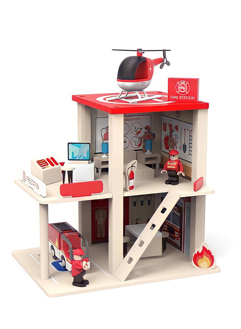 Wooden Pretend Play Wooden Fire Station for Kids