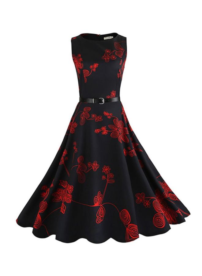 Round Neck Midi Dress Black/Red